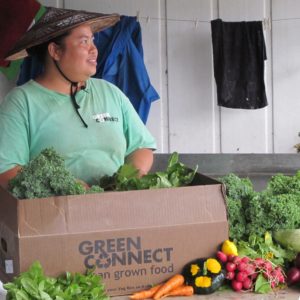 Former Refugee Sue Meh with Green Connect veg boxes