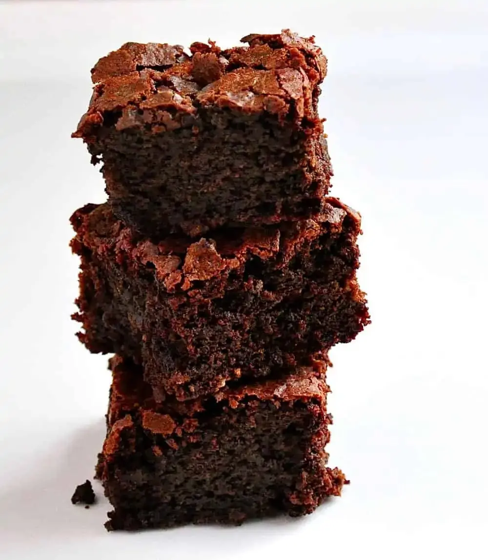 3 fudgy beetroot brownies stacked