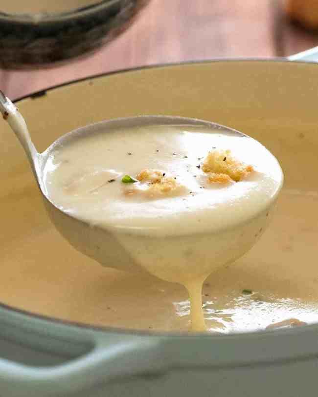 Potato leek soup in ladel
