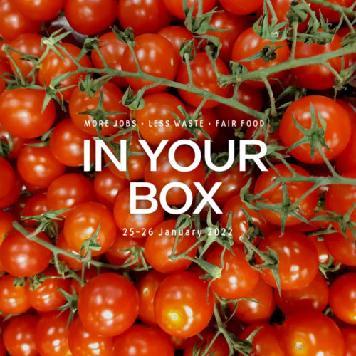 Cover photo with 'In Your Box', '25/26 January 2022' written and cherry tomatoes in background