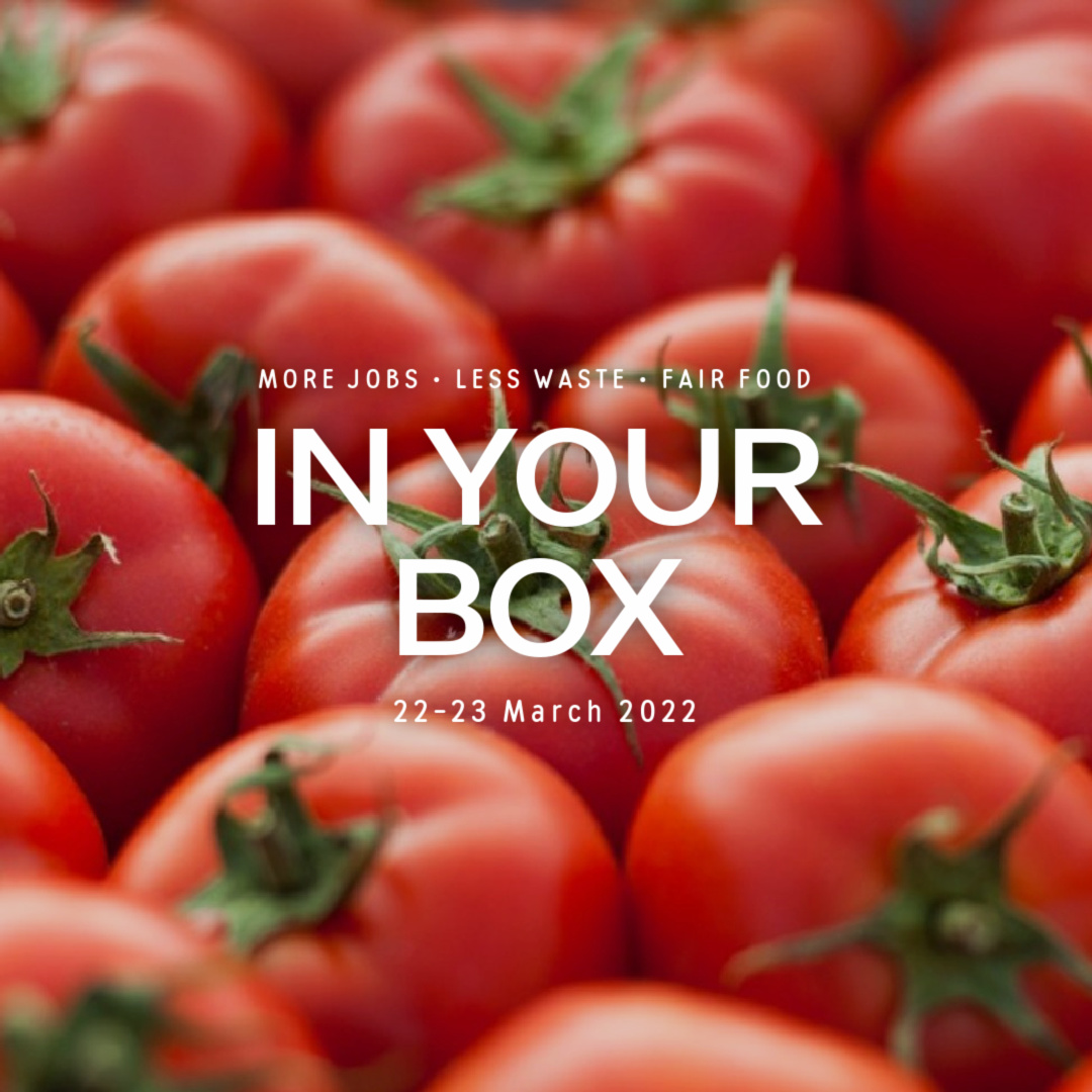 Cover photo with 'In Your Box', '22/23 March 2022' written and close up of tomatoes in background