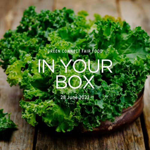 Cover photo with 'In Your Box', '28 June 2022' written in the center and green leafy kale leaves in bowl in background
